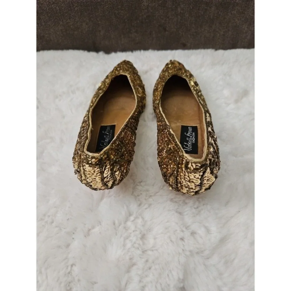 Valenti Franco Gold Sequin Beaded Kitten Heels‎ Pumps Size 7.5 Vintage Glam